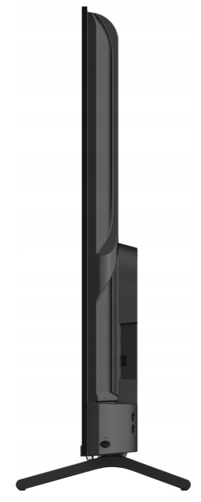 Widok z boku czarnego telewizora. Ma elegancki design i podstawę. Ekran jest cienki, a ramka czarna.