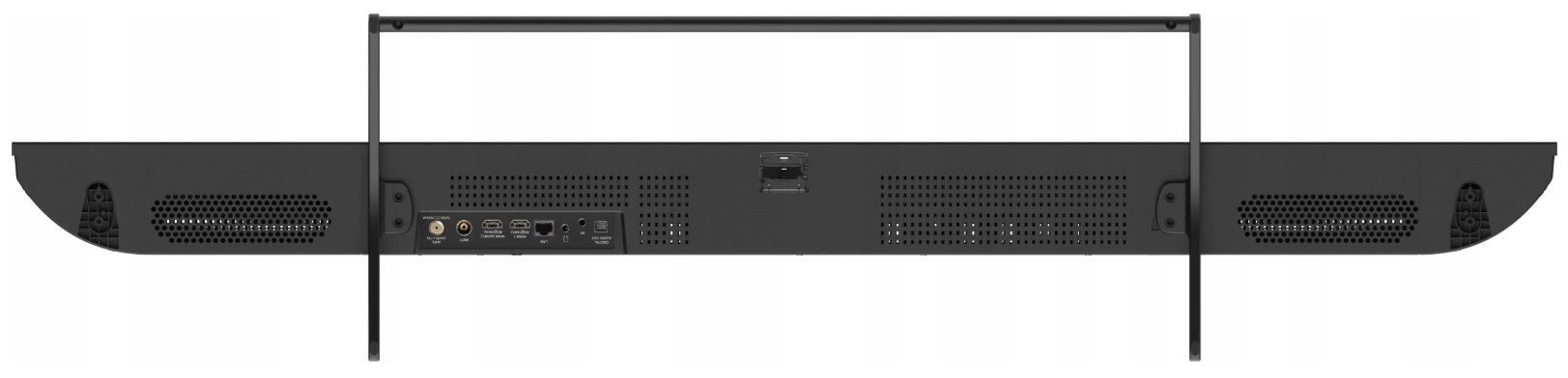 Czarny soundbar z metalowym stojakiem. Posiada porty i otwory wentylacyjne. Stojak ma poziomy drążek.
