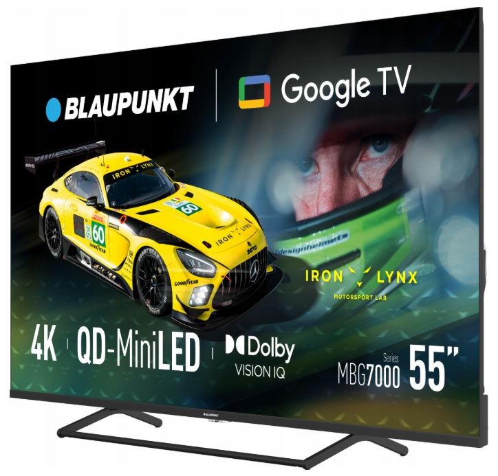 Telewizor Blaupunkt wyświetla żółty samochód wyścigowy z numerem 60. Widoczne jest również logo Google TV i marka Iron Lynx. Ekran ma 55 cali.