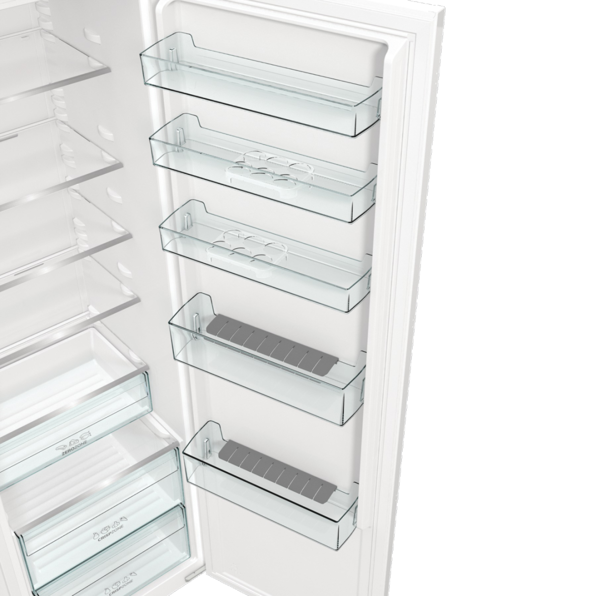 Otwarty wnętrze lodówki. Widoczne szklane półki i szuflady. Szare przegrody i przezroczyste półki są obecne.