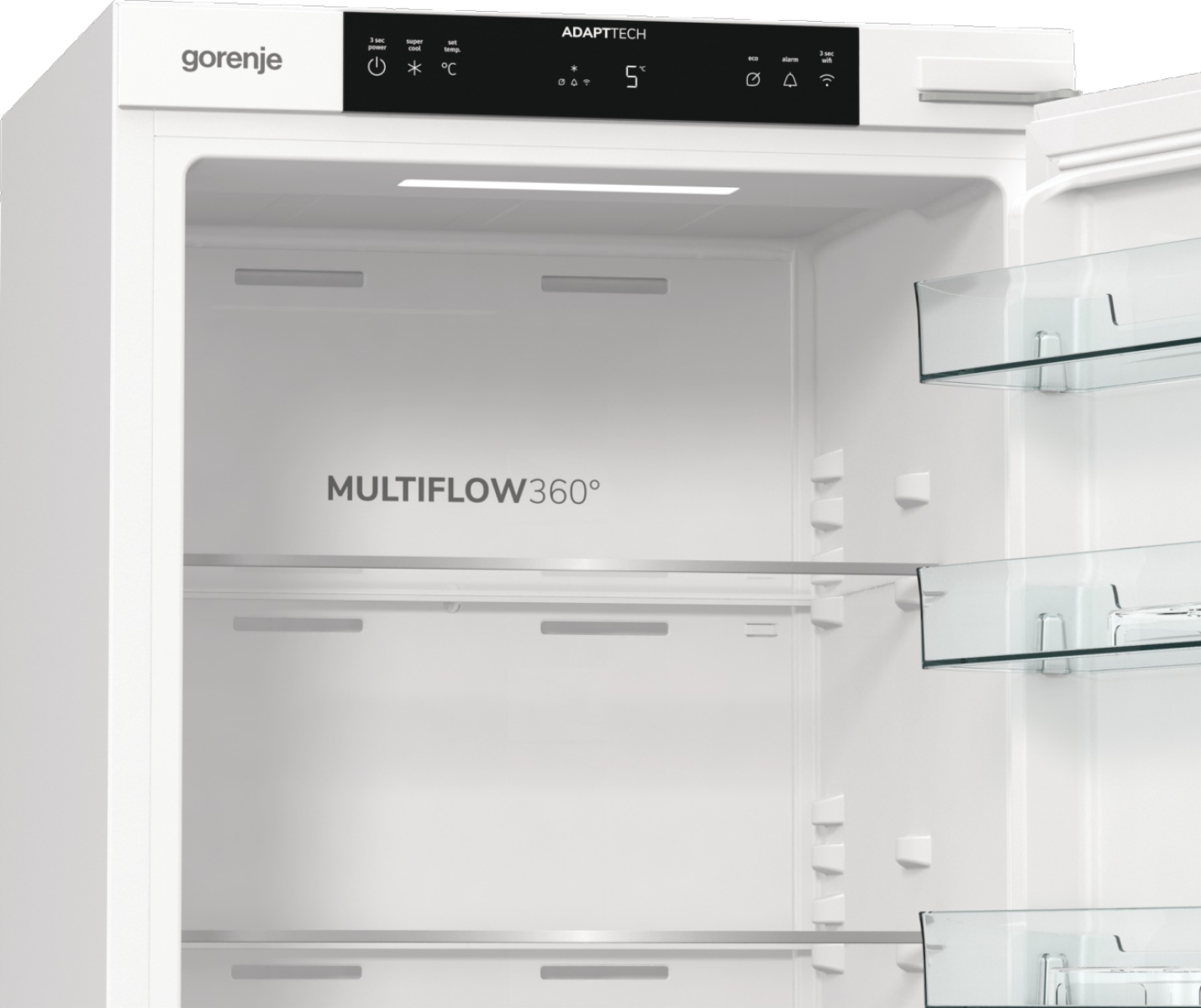 Wnętrze białej lodówki ze szklanymi półkami i cyfrowym wyświetlaczem pokazującym temperaturę. Drzwi są otwarte.