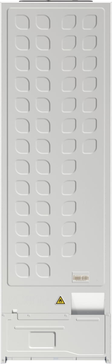 Tył białej lodówki. Ma wytłoczony wzór zaokrąglonych prostokątów. Widoczna jest etykieta ostrzegawcza.