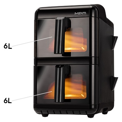 Czarna frytkownica MPM z dwoma przegrodami 6L. Każda ma uchwyt i okno pokazujące pomarańczowe wnętrze.