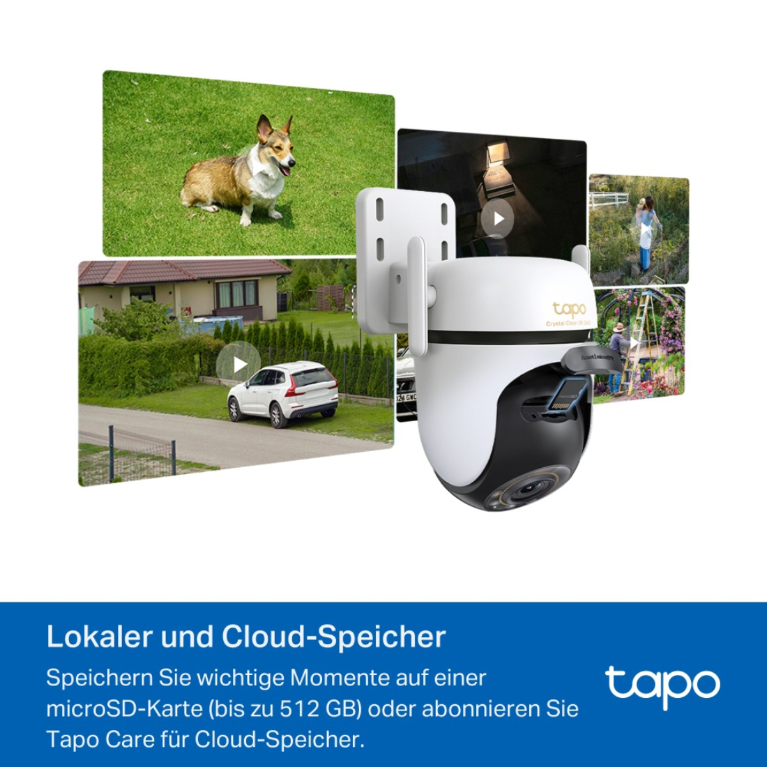 Eine Überwachungskamera zeigt Bilder: Hund auf Gras, Haus, Auto, Menschen. Text: Lokaler und Cloud-Speicher.