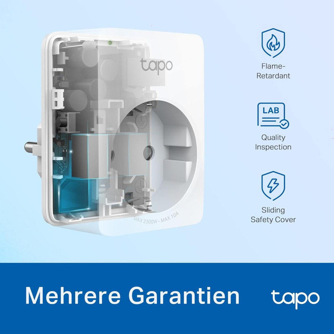 Weißer Tapo Smart-Stecker-Ausschnitt, der die internen Komponenten zeigt, mit Symbolen für Flammschutz, Qualitätsprüfung und Sicherheitsabdeckung.