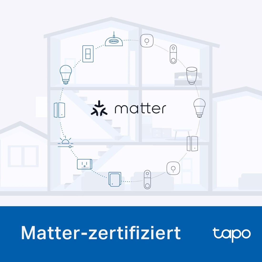 Ein Hausumriss mit Smart-Home-Geräten, die über gepunktete Linien verbunden sind. Das Matter-Logo befindet sich in der Mitte, das Tapo-Branding unten.