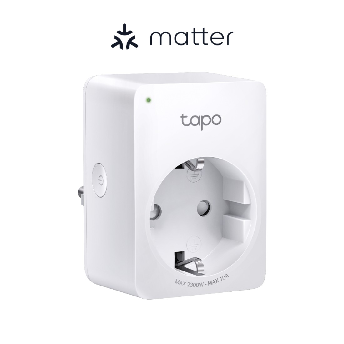 Weißer Tapo Smart Plug mit Steckdose. Es hat das Matter-Logo und die Worte "MAX 2300W - MAX 10A".
