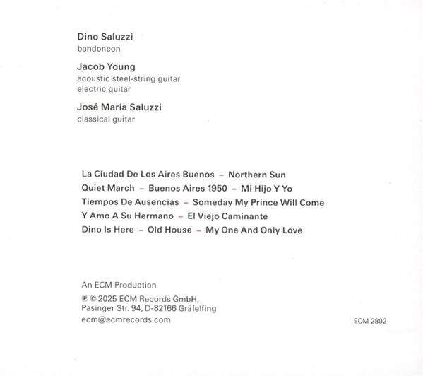 Text auf weißem Hintergrund listet Musiker, Instrumente und Songtitel auf. Der Text ist schwarz, das ECM Records-Logo befindet sich unten.