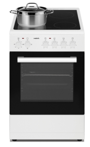 Biała kuchenka elektryczna ze stalowym garnkiem na palniku. Drzwi piekarnika są czarne, są pokrętła.