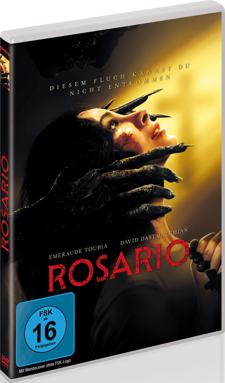 DVD-Cover für 'Rosario'. Eine Frau blickt nach oben, Hände mit Krallen greifen herunter. Der Titel ist rot. Dunkler Hintergrund.