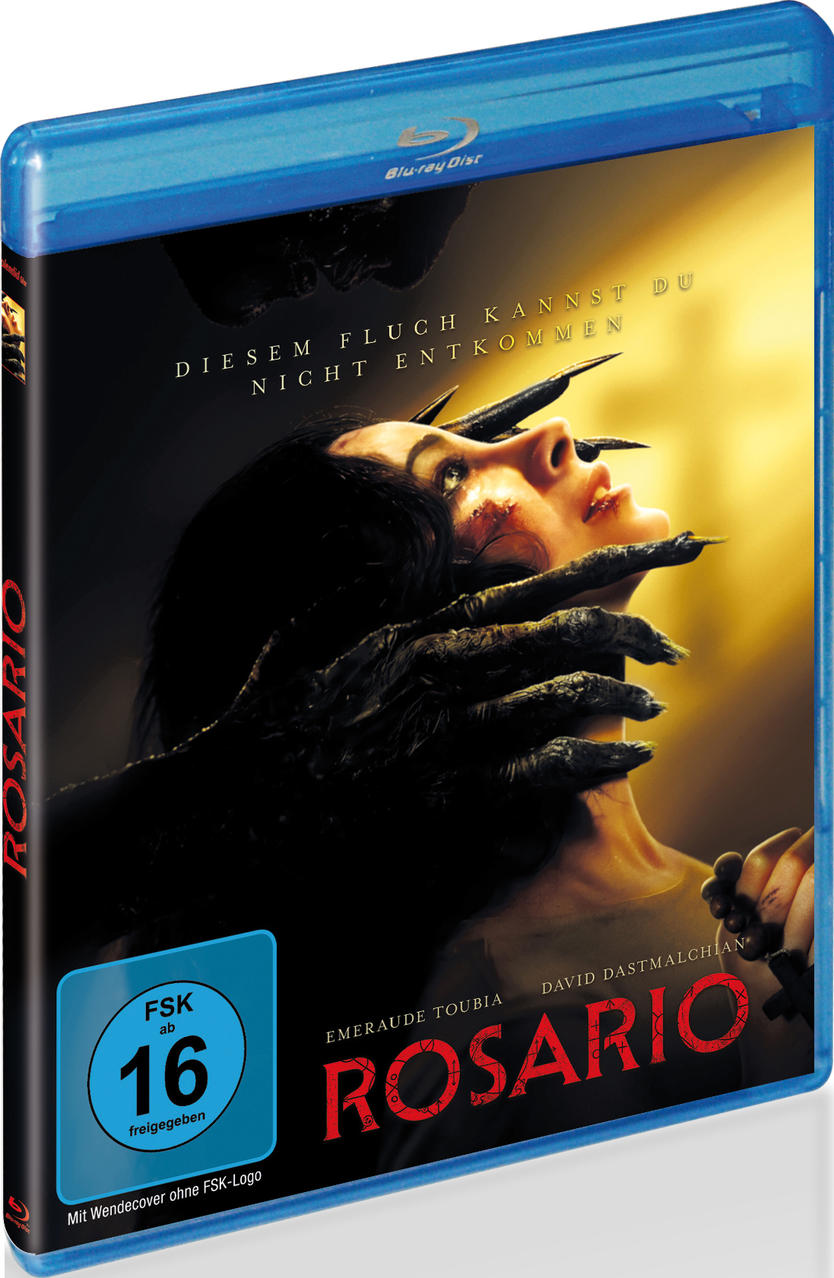 Blu-ray-Cover. Das Gesicht einer Frau wird von dunklen Krallen gepackt. Der Titel ist ROSARIO, und die Bewertung ist FSK 16.