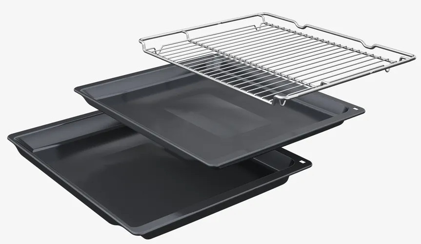 Trzy elementy piekarnika: dwie czarne tace i chromowany ruszt druciany, lekko rozdzielone, na białym tle.