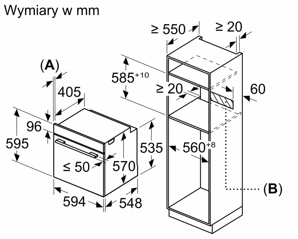 Schemat piekarnika i szafki z wymiarami w milimetrach. Zawiera wymiary i symbole instalacji.