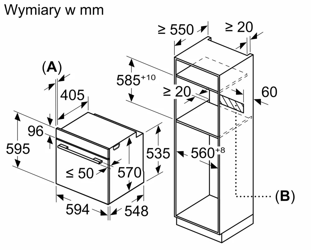 Schemat przedstawiający wymiary w mm piekarnika do zabudowy i szafki. Zawiera wymiary szerokości, wysokości i głębokości.