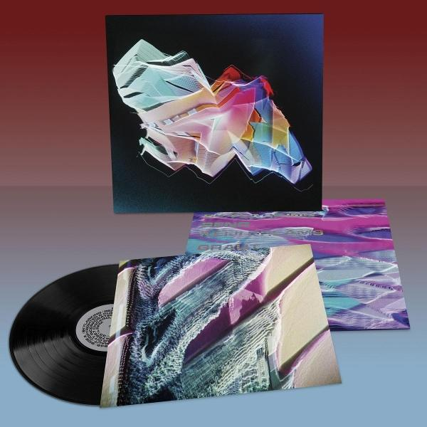 Albumcover mit abstraktem Design auf schwarzem Hintergrund, Schallplatte und Albumcover. Farben sind Blau, Rosa und Gelb.