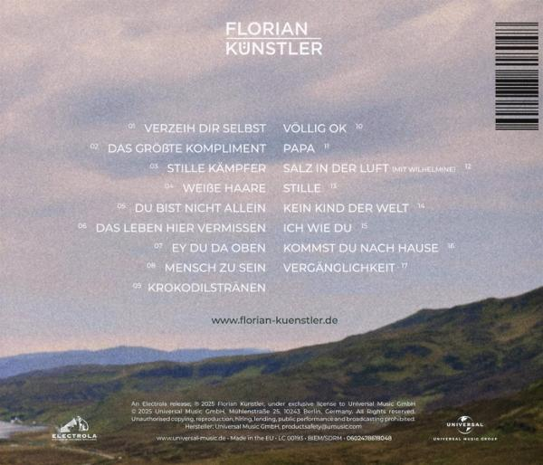 CD-Cover. Florian Künstler Titel. Songtitel in weißer Schrift auf blau-grünem Landschaftshintergrund.