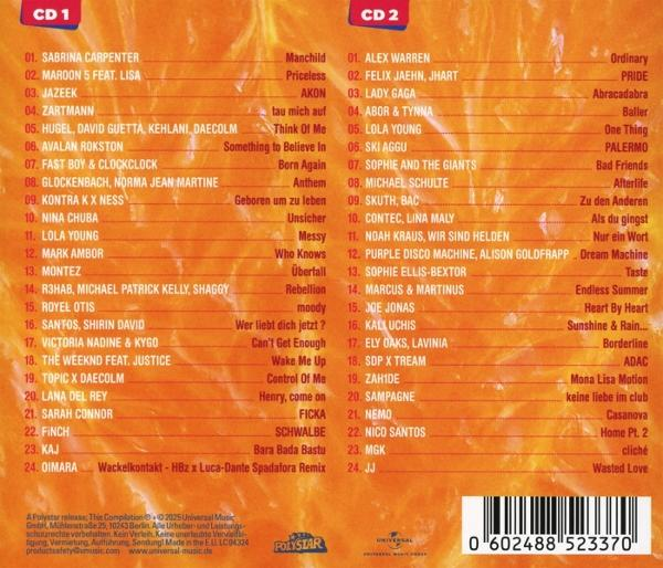 CD-Cover mit orangefarbenem Hintergrund, Text listet Songtitel und Künstler auf. Enthält die Überschriften "CD 1" und "CD 2" sowie einen Barcode.