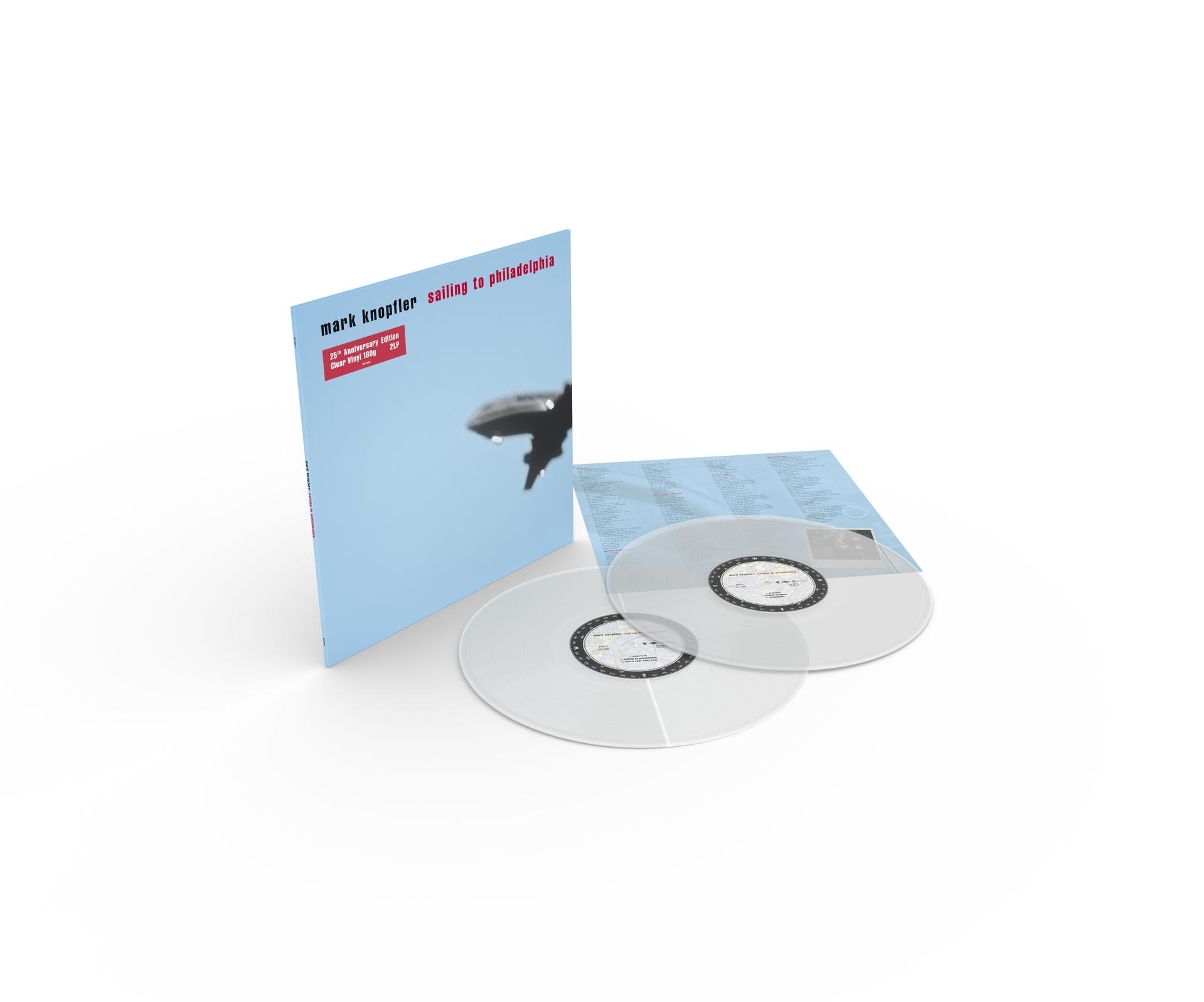 Albumcover von Mark Knopflers 'Sailing to Philadelphia' mit zwei Schallplatten und einem Textblatt.