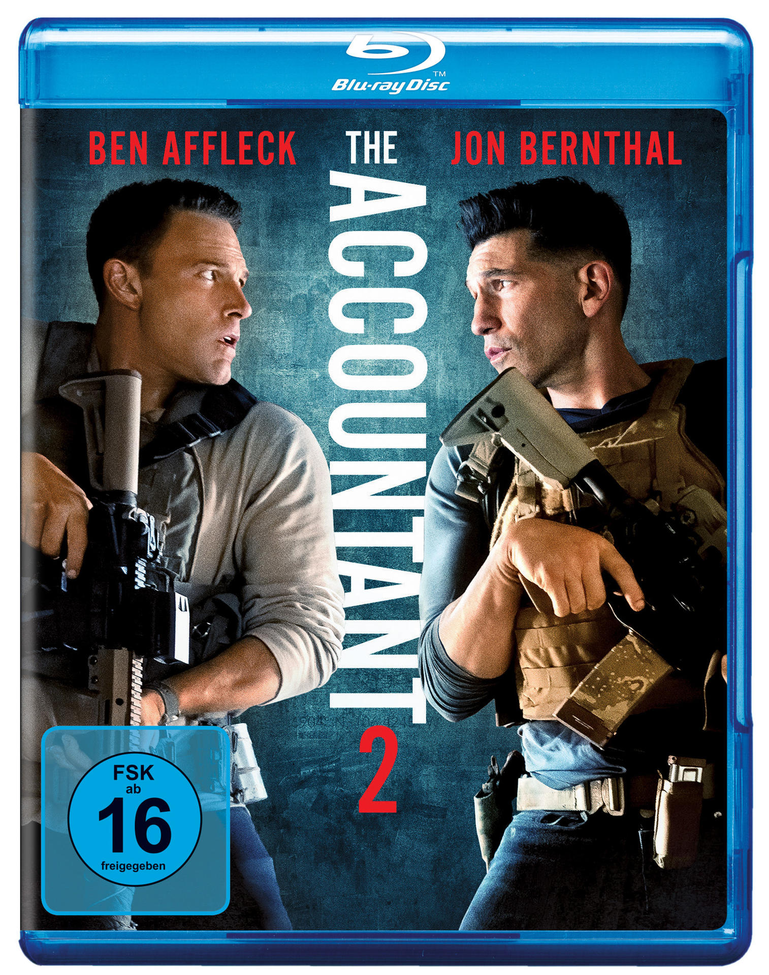 Filmcover: Ben Affleck und Jon Bernthal halten Waffen. Titel: The Accountant 2. Blu-ray Disc. FSK-Altersfreigabe ab 16 Jahren.