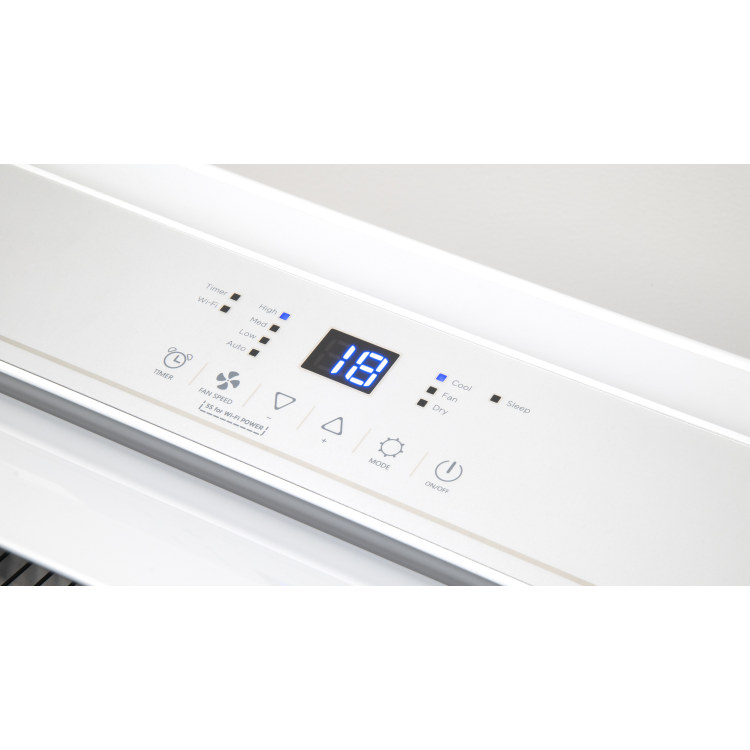 A white air conditioner control panel displays settings. A blue digital display shows '18'. Buttons for timer, fan speed, mode, and power are visible.
