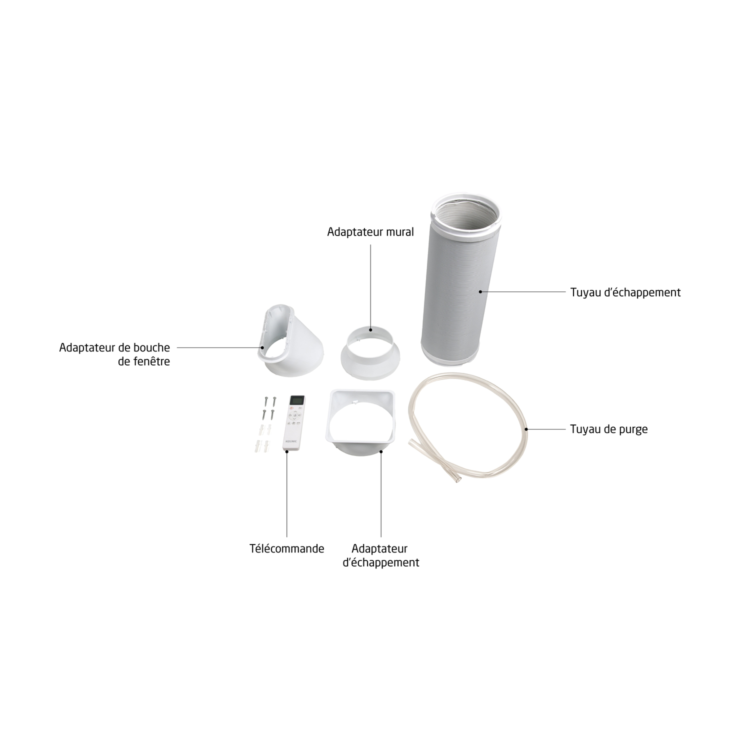 Air conditioner components are arranged on a white background. Includes adapters, a remote, and exhaust hose. Labels identify each item.