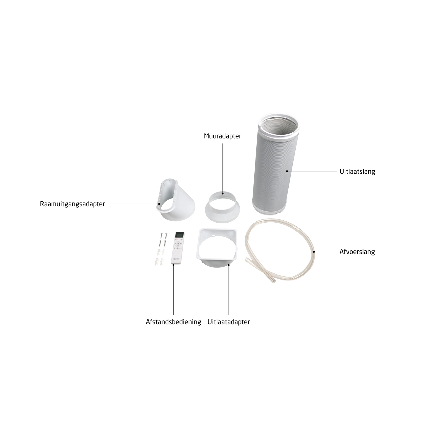 An assortment of air conditioner parts on a white background, including adapters, a hose, and a remote control.