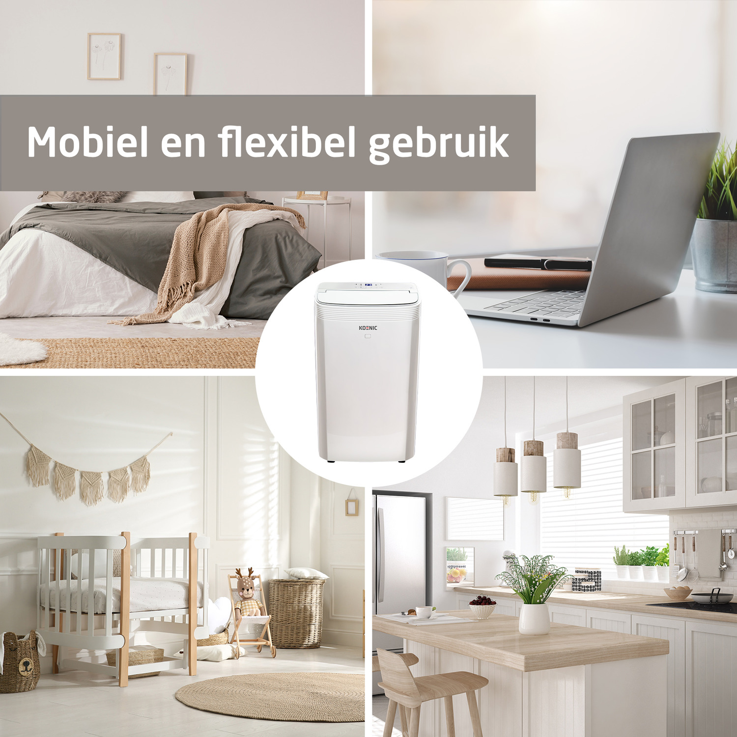 Collage of home scenes: bedroom, workspace, nursery, and kitchen. Central image is an air purifier. Text overlay reads 'Mobiel en flexibel gebruik'.