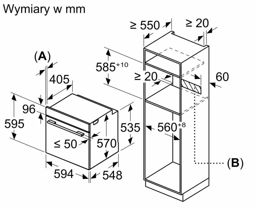 Schemat przedstawiający wymiary w mm piekarnika do zabudowy i sąsiedniej szafki z oznaczonymi pomiarami i wymiarami.