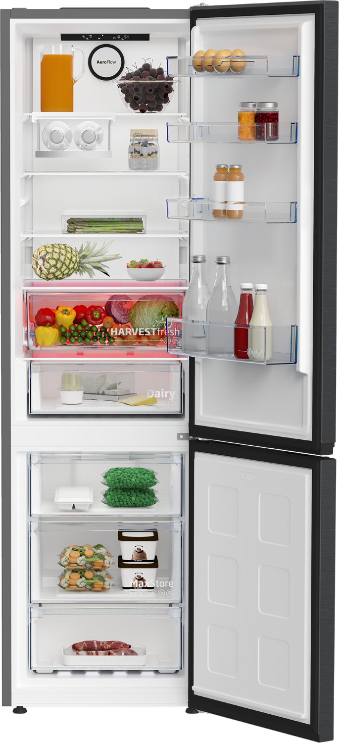 Refrigerador abierto con frutas, verduras, lácteos y bebidas. Incluye piña, pimientos, huevos y helado.