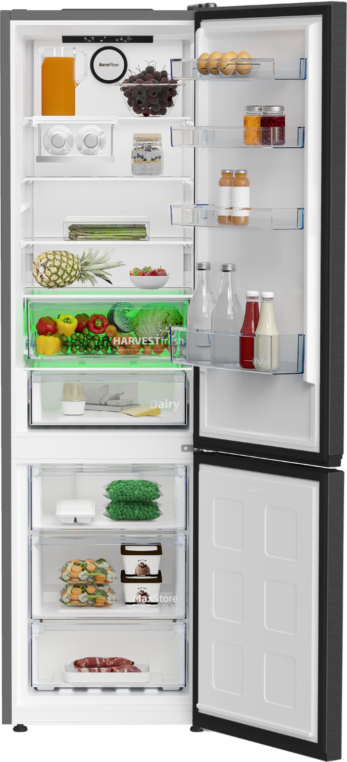 Refrigerador abierto lleno de alimentos. Incluye frutas, verduras, lácteos, huevos y diversos productos envasados.