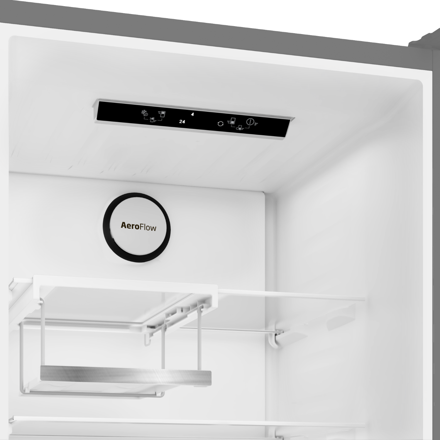 Interior de un refrigerador blanco. Tiene estantes y un panel de control en la parte superior con iconos. El logotipo de AeroFlow es visible.