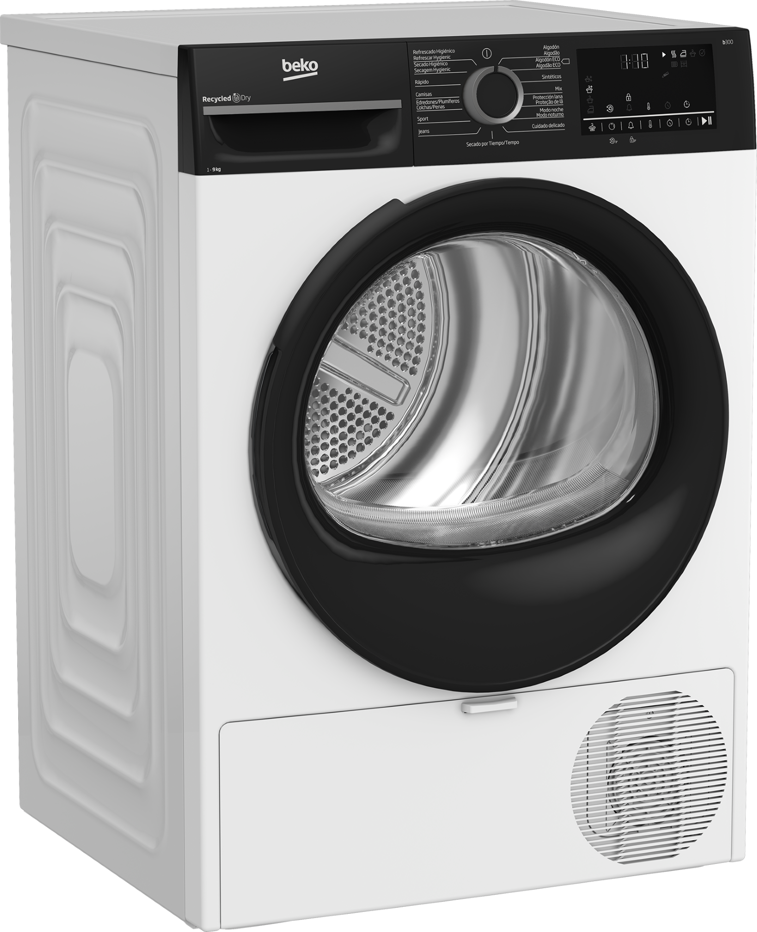 Secadora Beko blanca con puerta y panel de control negros. Con opciones de programa y pantalla digital.