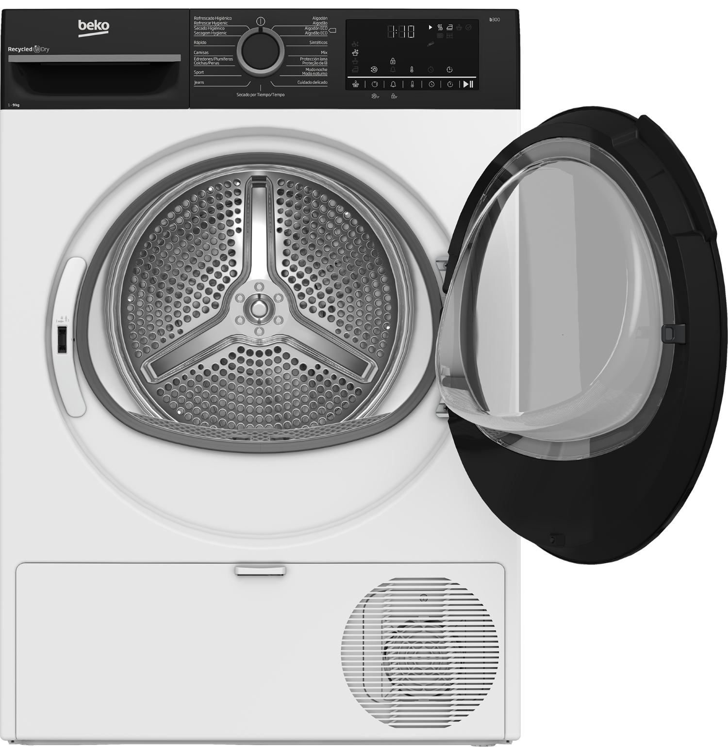 Secadora Beko blanca con puerta negra abierta. Tambor visible. Panel de control arriba.