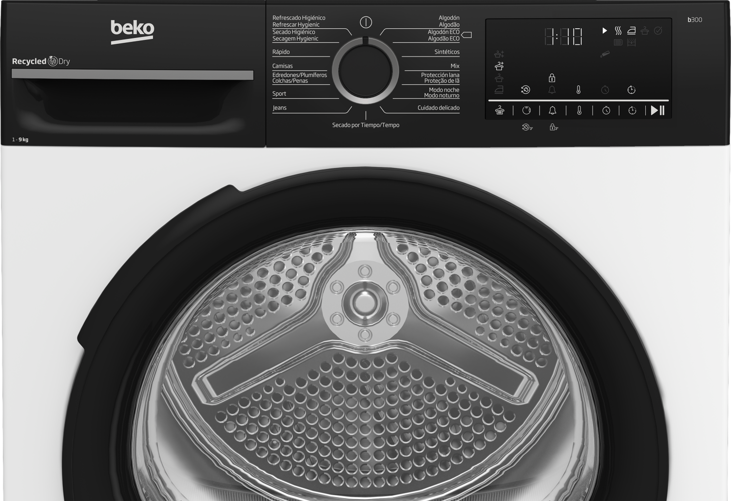 Primer plano de una secadora Beko. Tiene una puerta negra con ventana redonda. El panel de control muestra ajustes y pantalla digital.