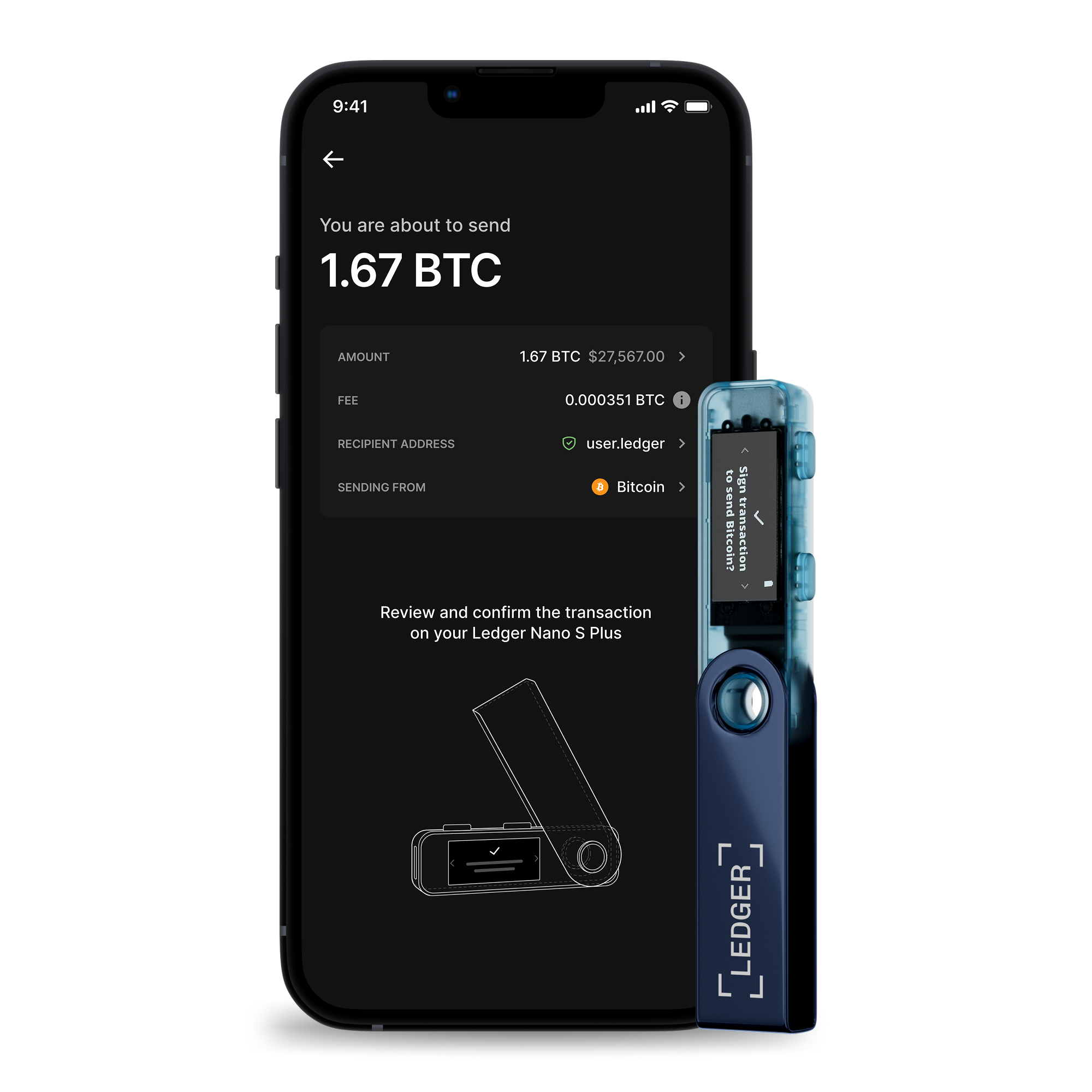 Ein Telefon zeigt eine Bitcoin-Transaktion an. Daneben befindet sich ein blaues Ledger Nano S Plus-Gerät, das bereit ist, die Transaktion zu signieren.