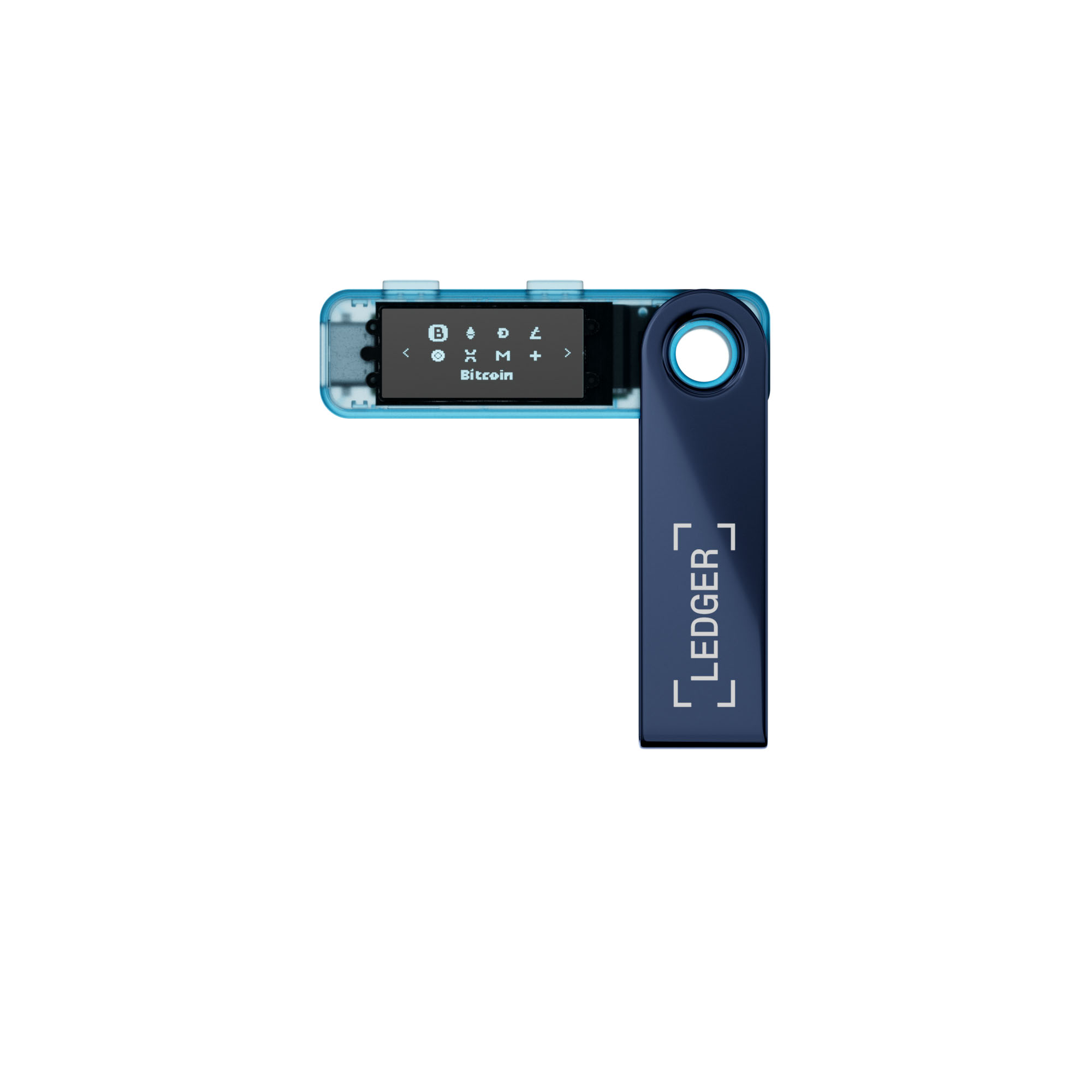 Ein Ledger-Hardware-Wallet, geöffnet. Das Gerät ist blau und transparent. Der Bildschirm zeigt Bitcoin an.