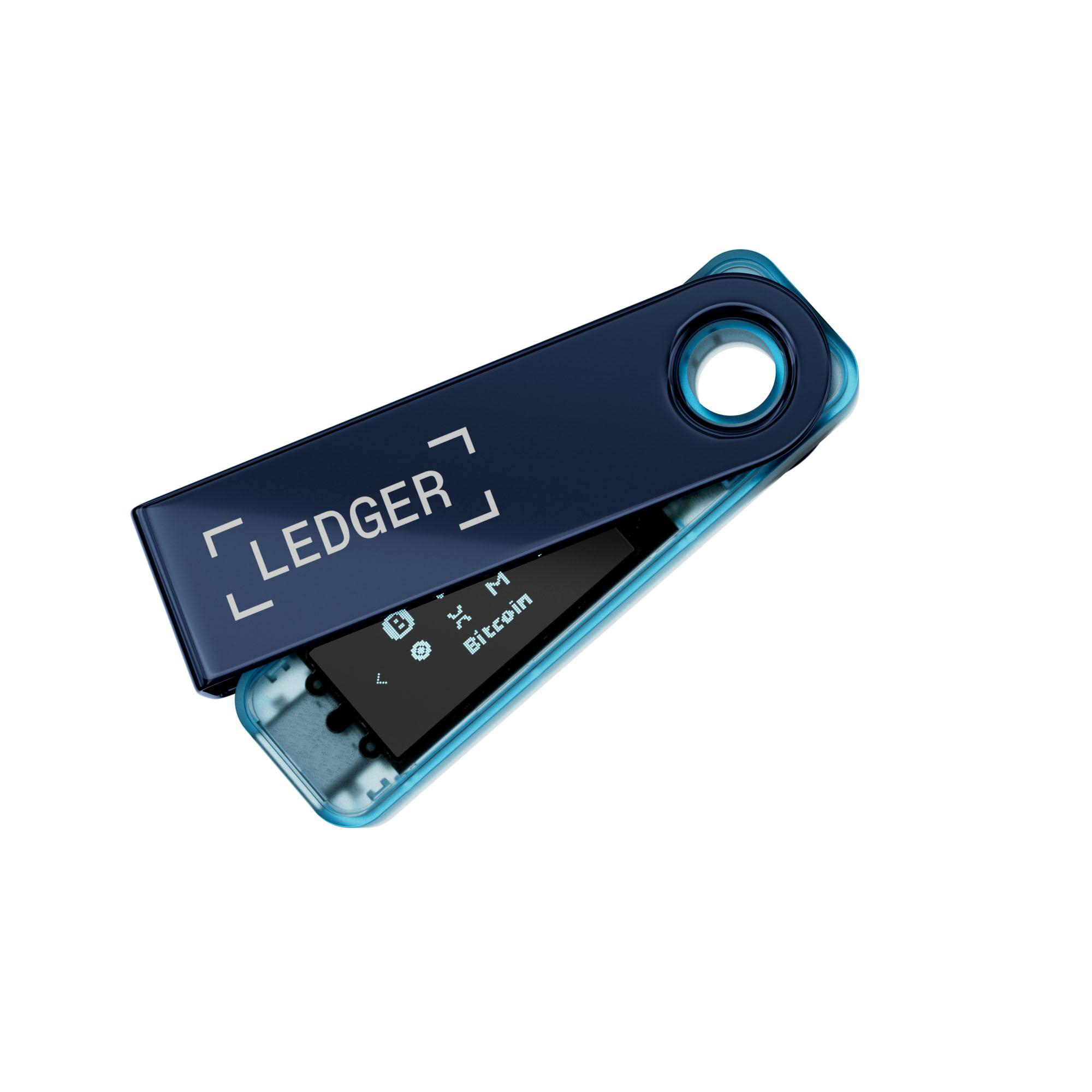 Ein Ledger-Hardware-Wallet wird gezeigt, dunkelblau mit einem Bildschirm, der 'Bitcoin' anzeigt. Das Gehäuse ist geöffnet.