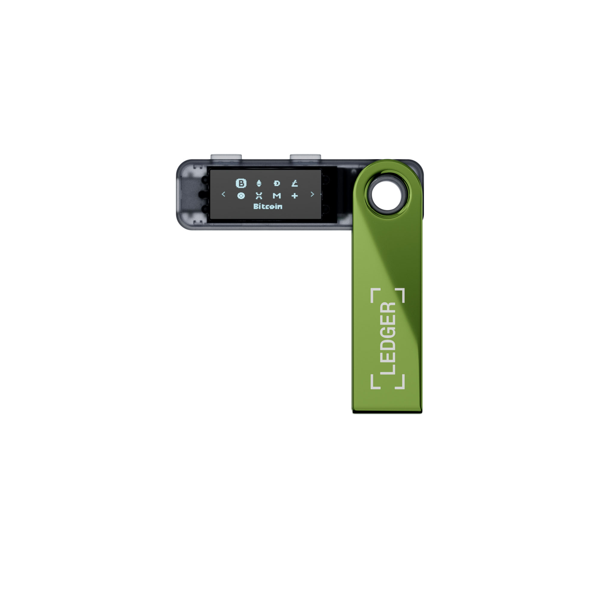 Ein grünes Ledger-Hardware-Wallet auf weißem Hintergrund. Der Bildschirm zeigt Bitcoin an. Das Wort LEDGER ist auf dem grünen Teil aufgedruckt.