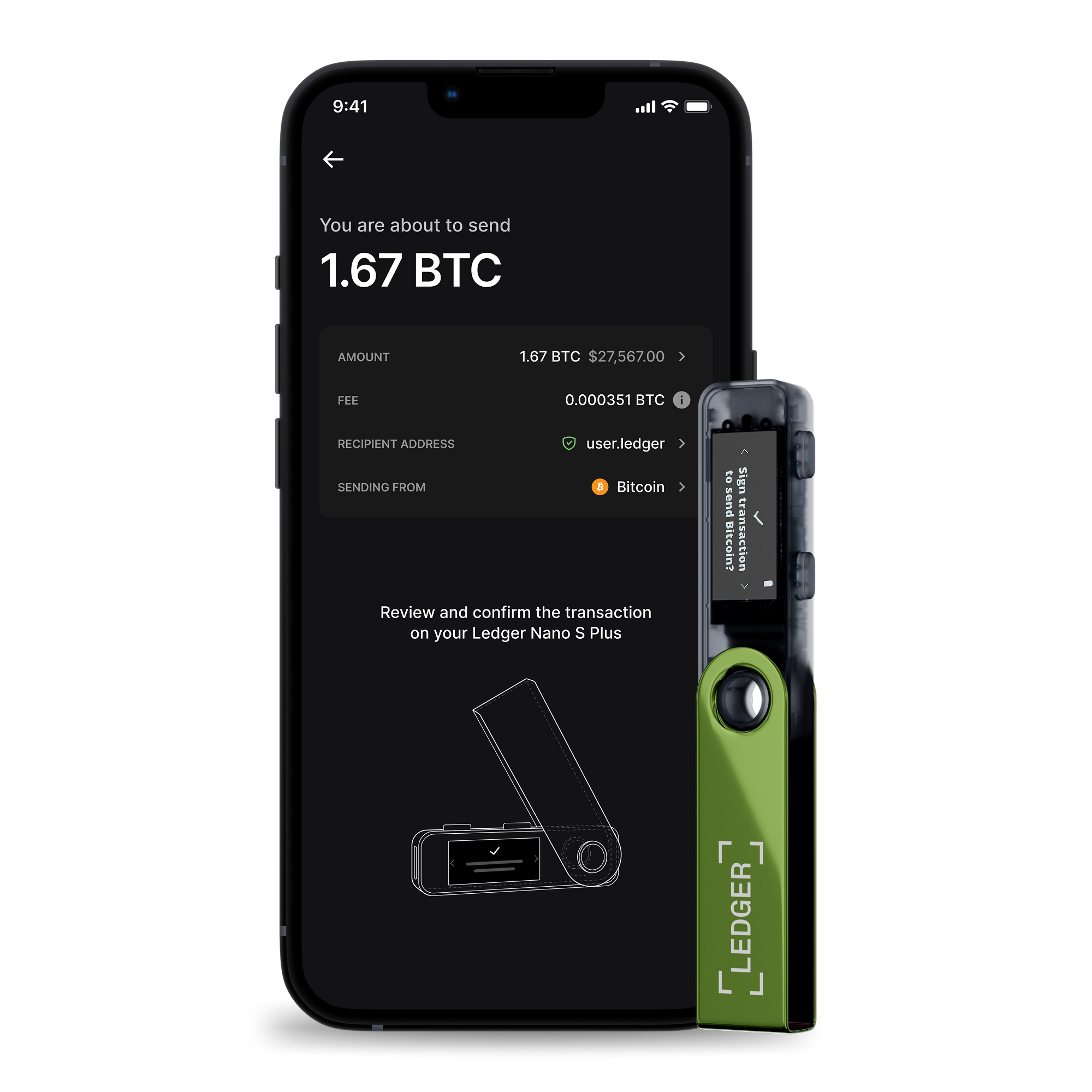 Ein Telefon zeigt eine Bitcoin-Transaktion an. Daneben befindet sich ein Ledger Nano S Plus in Grün, der die Transaktion bestätigt.