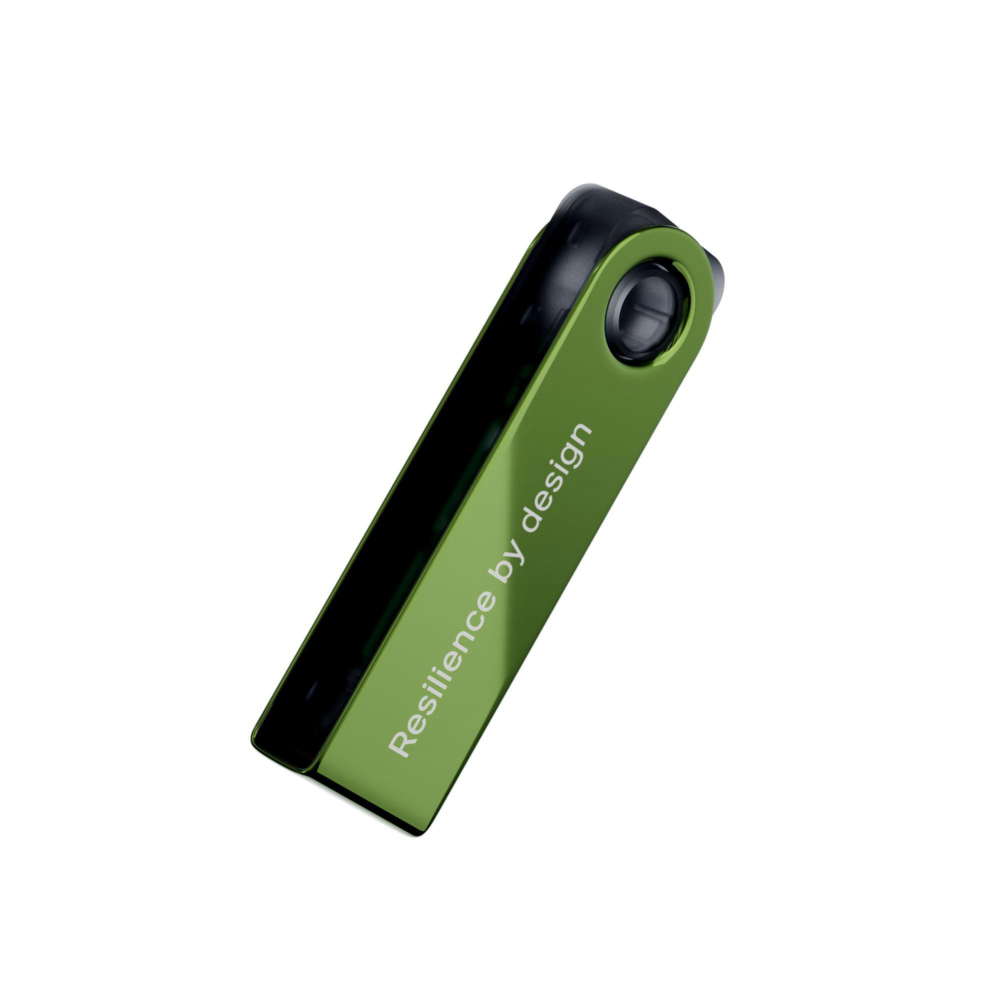 Grünes Ledger Nano S Hardware-Wallet. Schwarze Ober- und Unterseite. Weißer Hintergrund. Text: Resilience by design.