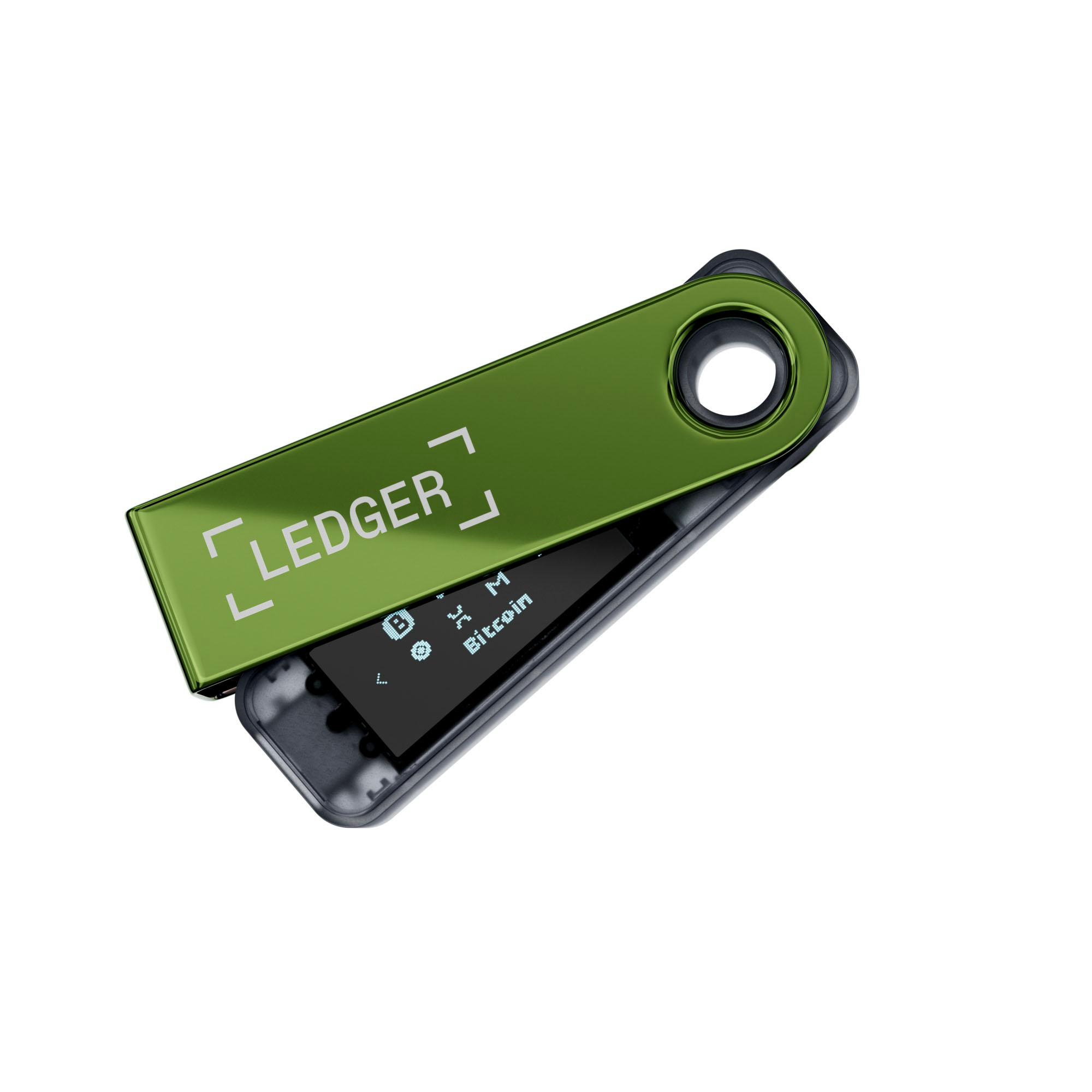 Grünes Ledger-Hardware-Wallet, teilweise geöffnet, zeigt einen Bildschirm mit Bitcoin und Symbolen. Der Hintergrund ist weiß.