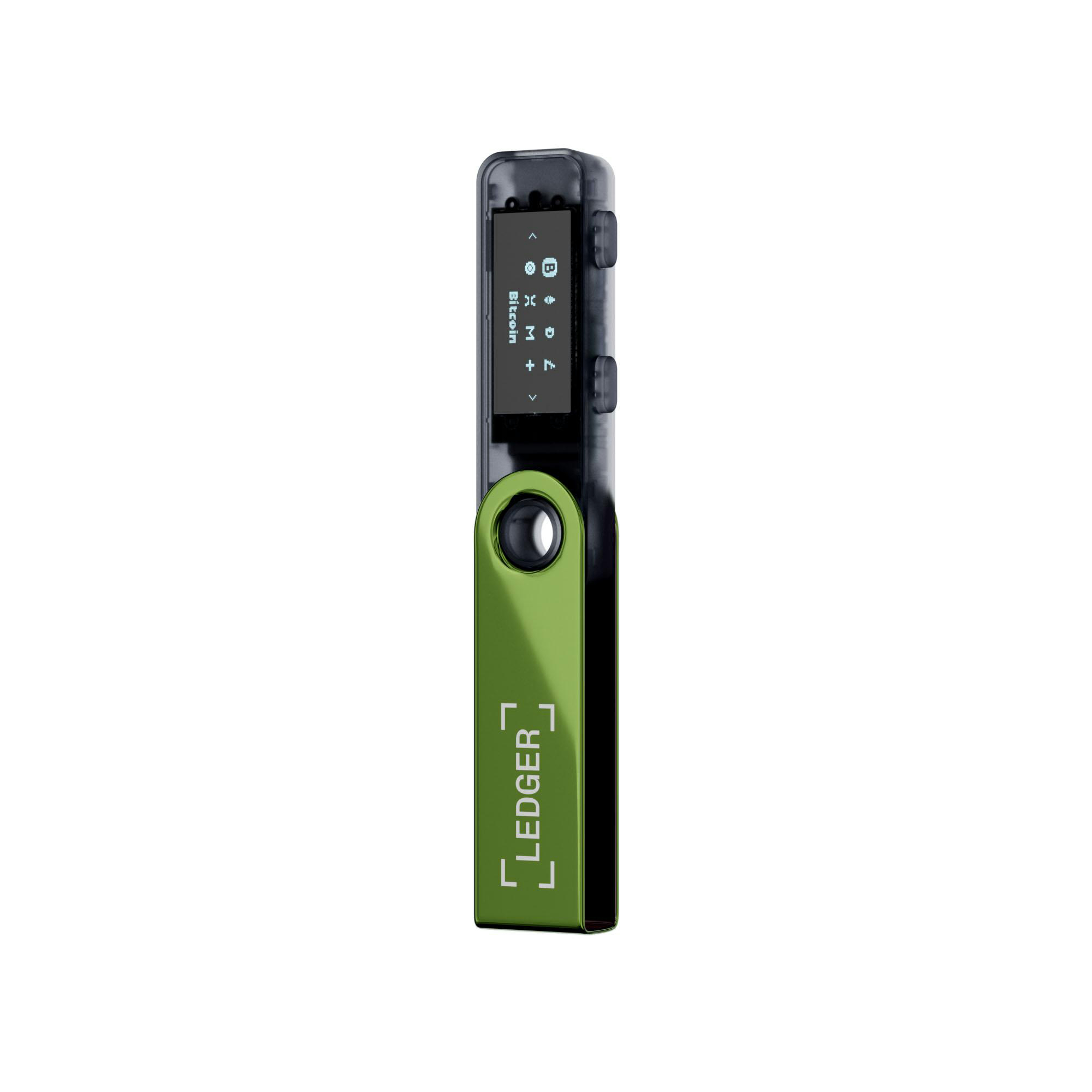 Ein Ledger Nano X Krypto-Hardware-Wallet. Es ist schwarz und grün und zeigt Bitcoin-Informationen auf dem Bildschirm.