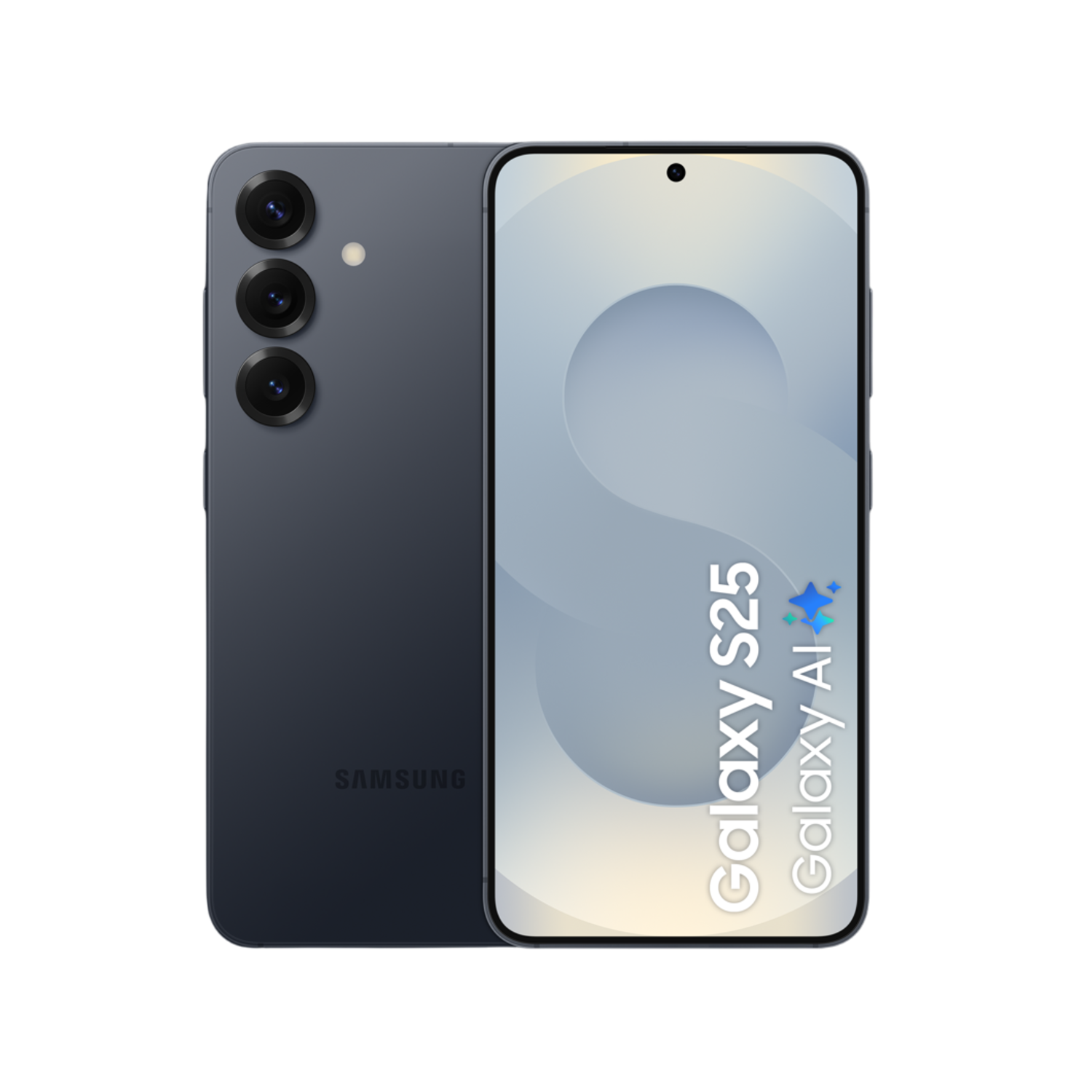 Een donkerblauwe Samsung Galaxy S25 telefoon, met drie cameralenzen en het Galaxy AI logo op het scherm.