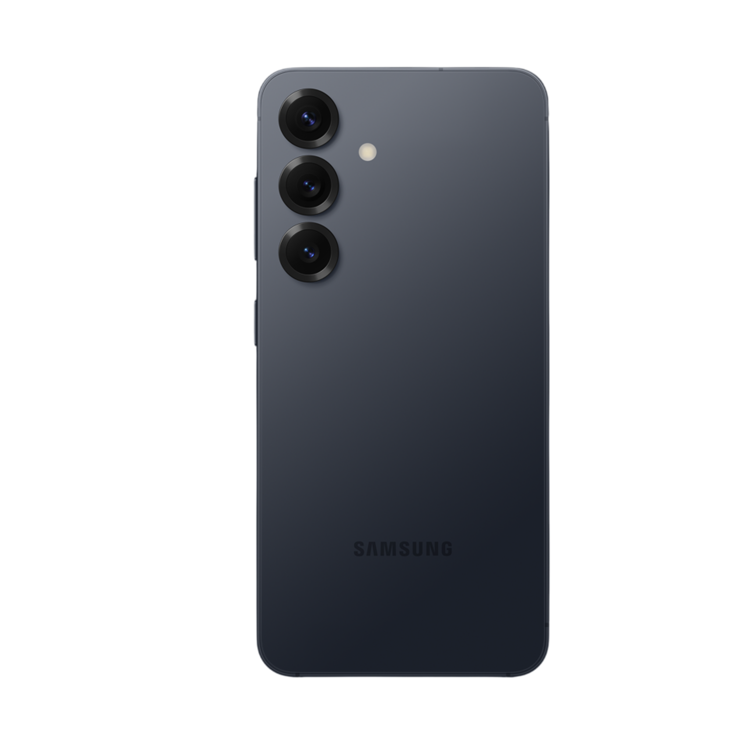 Een donkerblauwe Samsung smartphone achterkant. Drie cameralenzen in een verticale lijn. Het Samsung logo is zichtbaar.