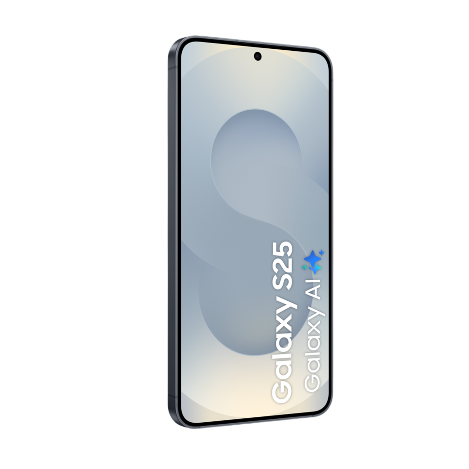 Een smartphone, Galaxy S25, wordt weergegeven tegen een zwarte achtergrond. Het scherm toont een lichtblauw ontwerp. De telefoon heeft een donker frame.
