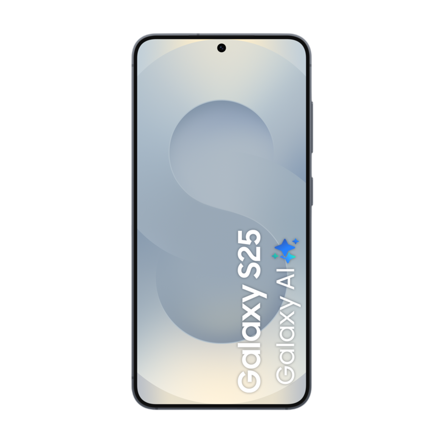 Maquette de smartphone. L'écran affiche un dégradé bleu clair avec le texte 'Galaxy S25' et 'Galaxy AI'.