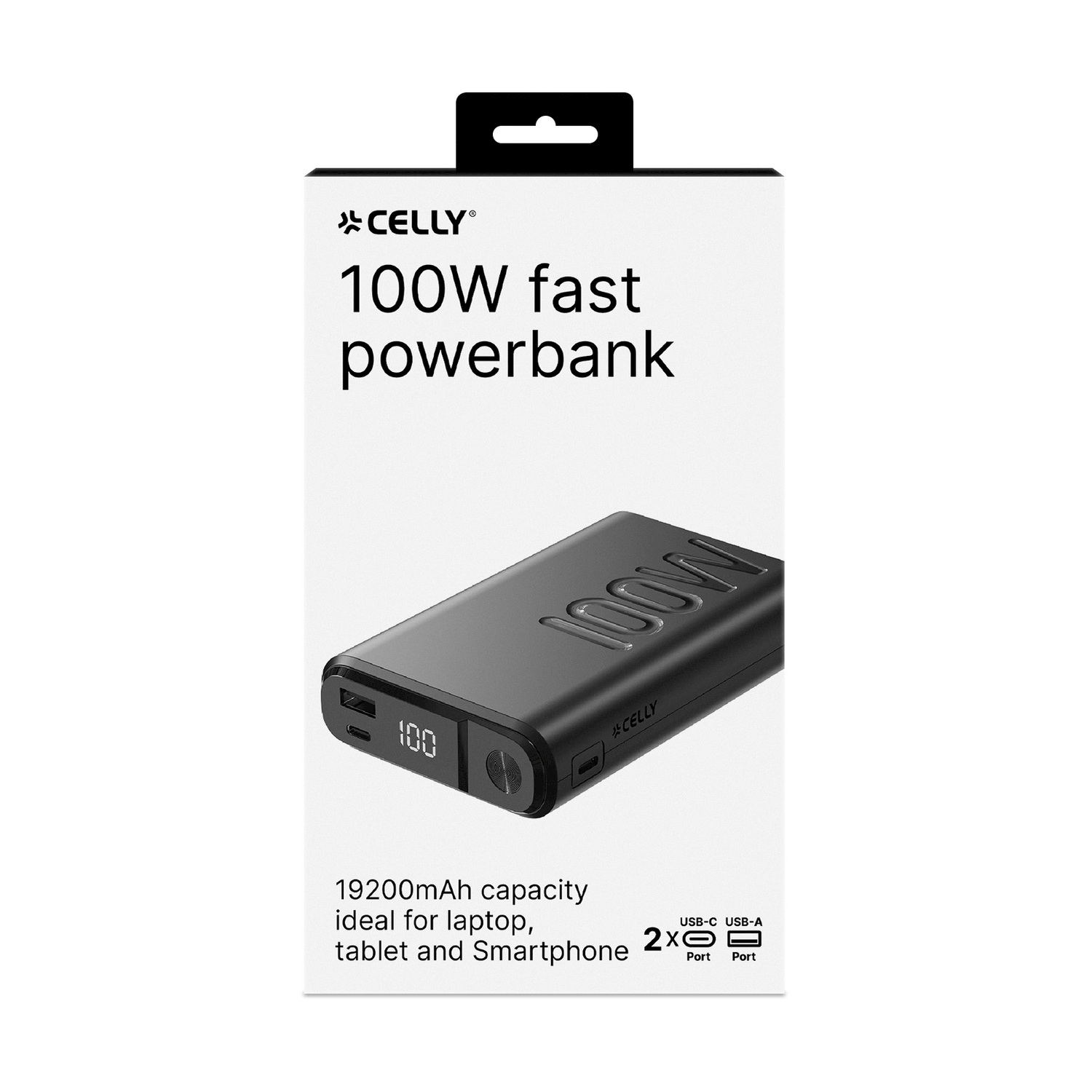 Un powerbank nero Celly 100W nella sua confezione. Il testo sulla confezione include "100W fast powerbank" e "19200mAh capacity".