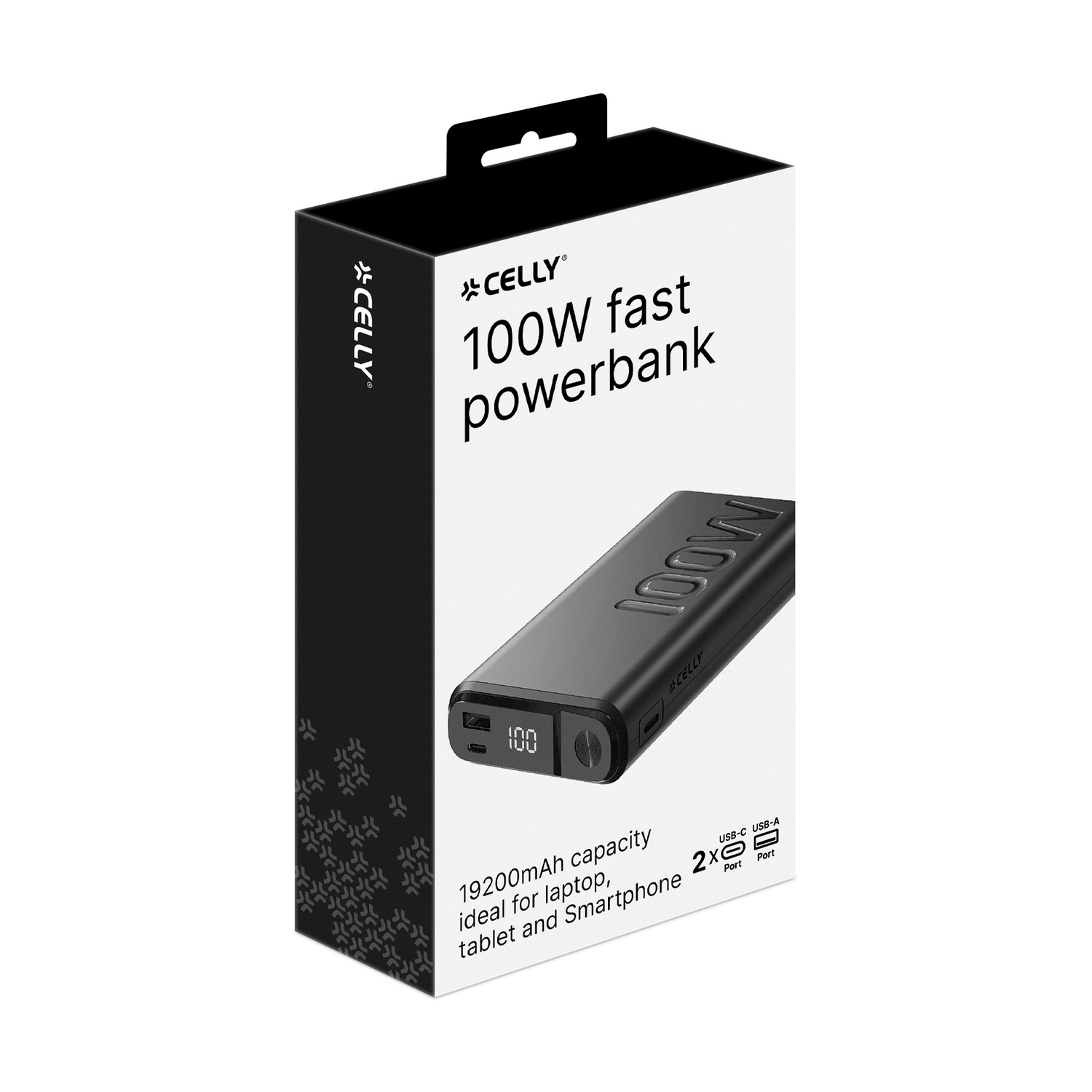 Una scatola bianca con un power bank nero. Il testo sulla scatola dice "CELLY 100W fast powerbank".