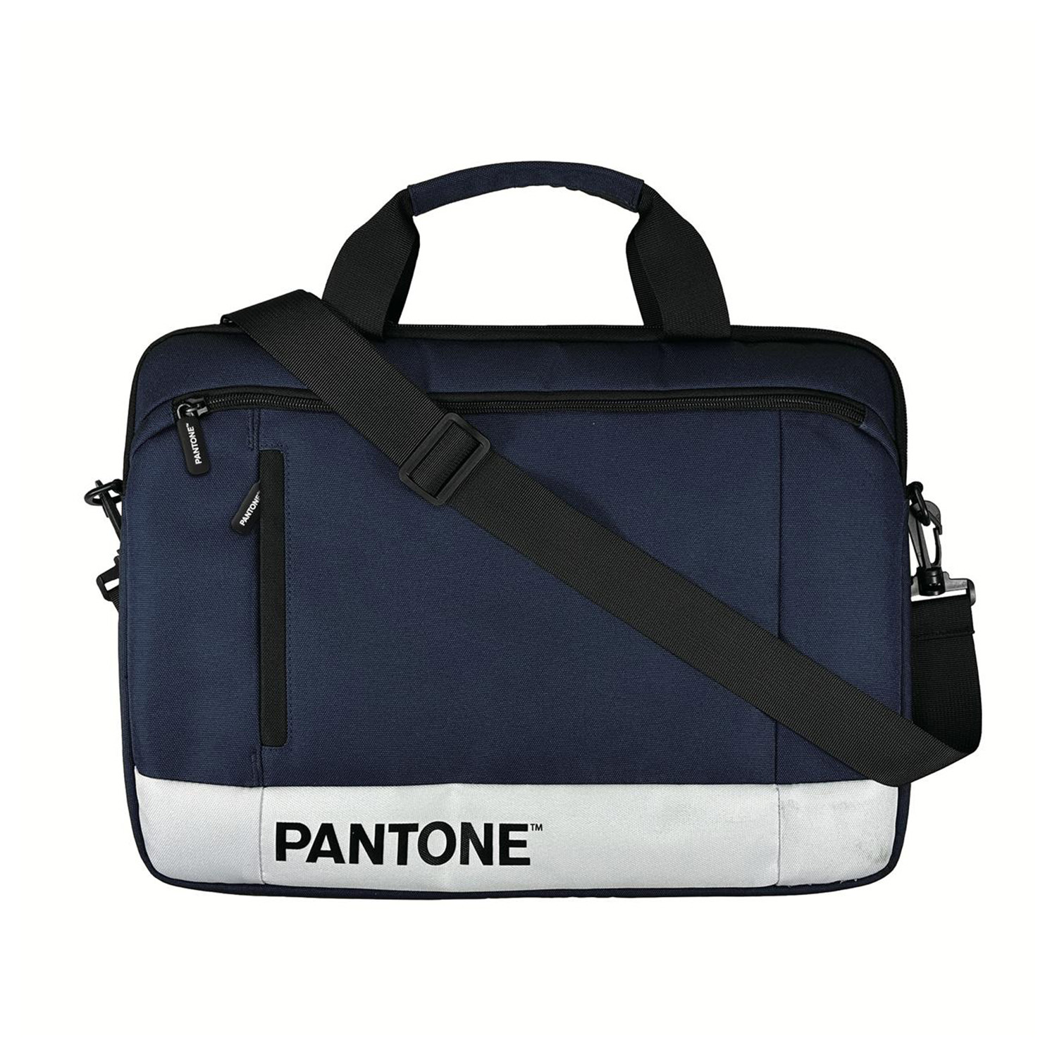 Una borsa blu navy per laptop con tracolla nera. La parte inferiore è bianca con la scritta 'PANTONE'.