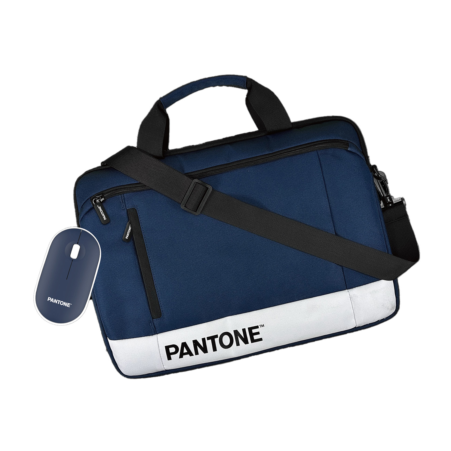 Una borsa per laptop e un mouse blu navy. La borsa ha una striscia bianca e la scritta 'PANTONE'. Anche il mouse ha il logo 'PANTONE'.